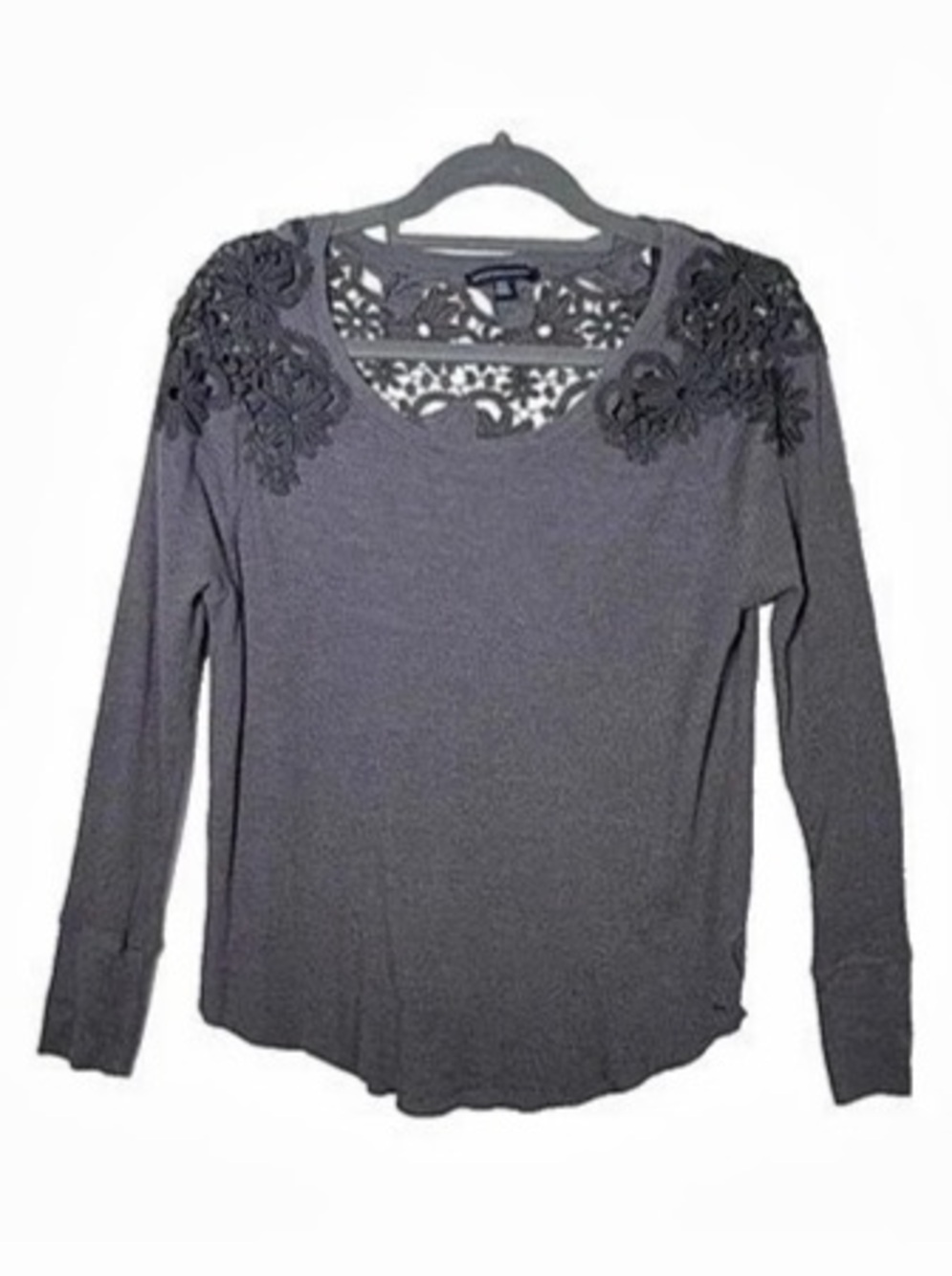 American Eagle Thermal Floral Lace Gray Long Sleeve Pullover Scoop Neck Top Sz M